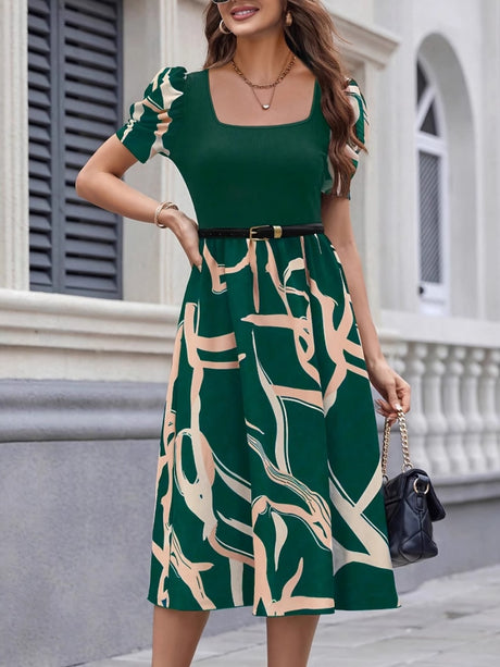 Commuting Knitting Printed Square Collar Puff Sleeve Midi Dresses