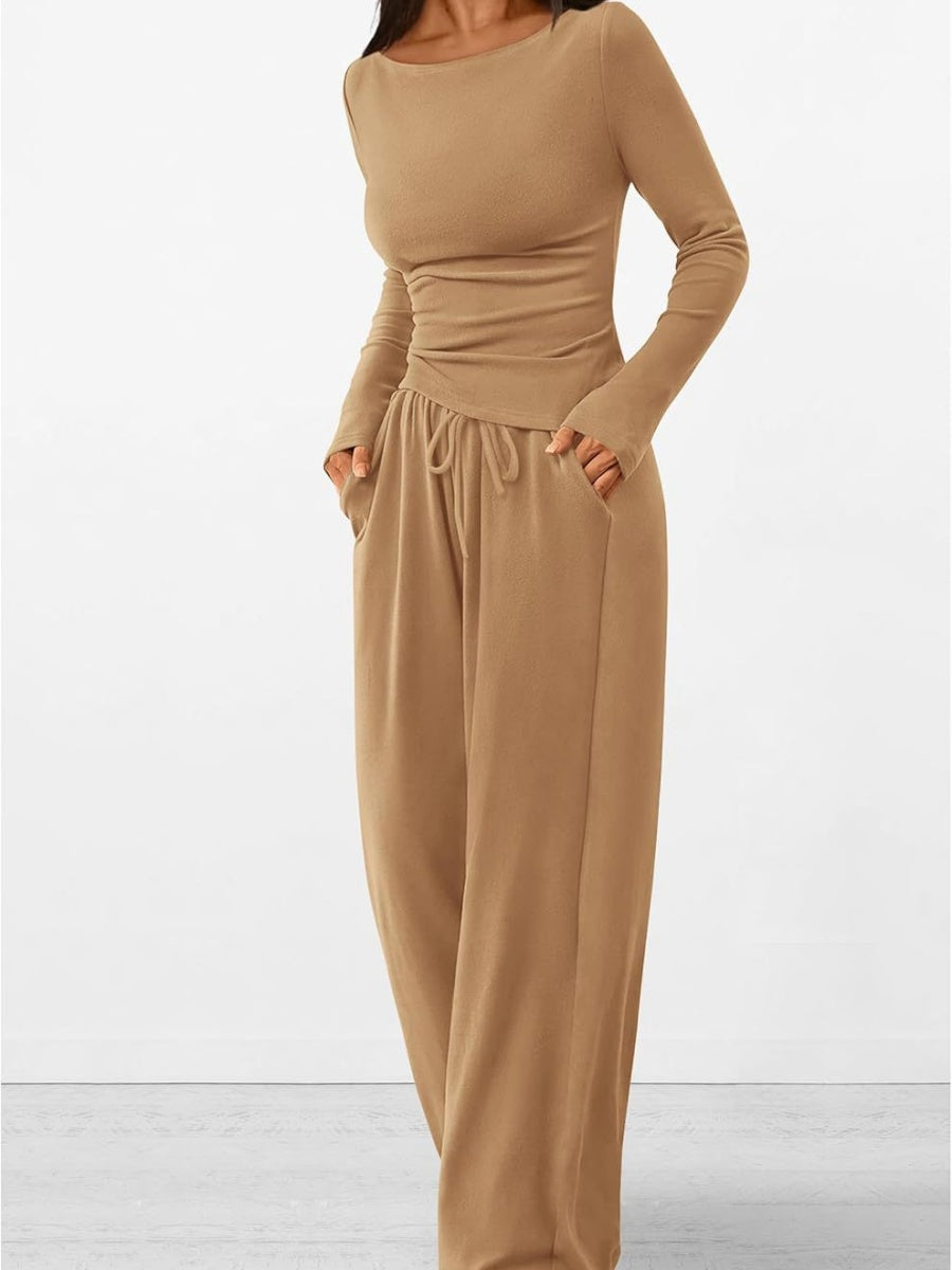 Liber Autumn Women's Lace up Solid Color 2-piece Sets
