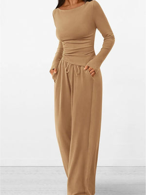 Liber Autumn Women's Lace up Solid Color 2-piece Sets