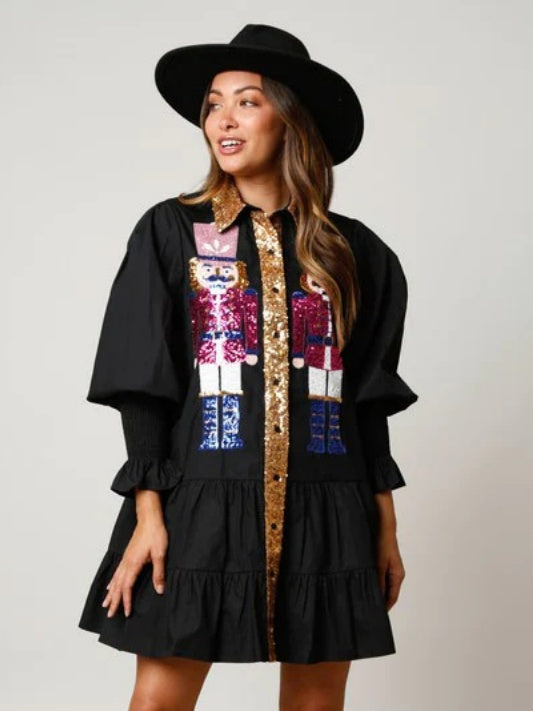 Christmas Sequined Nutcracker Soldier Contrast Color Long Sleeve Lapel Dress