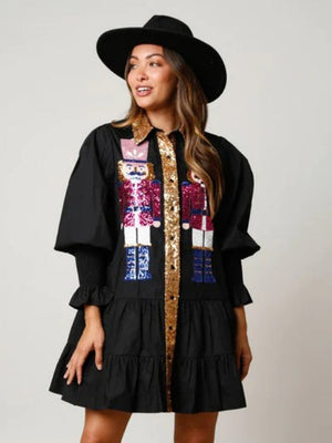 Christmas Sequined Nutcracker Soldier Contrast Color Long Sleeve Lapel Dress