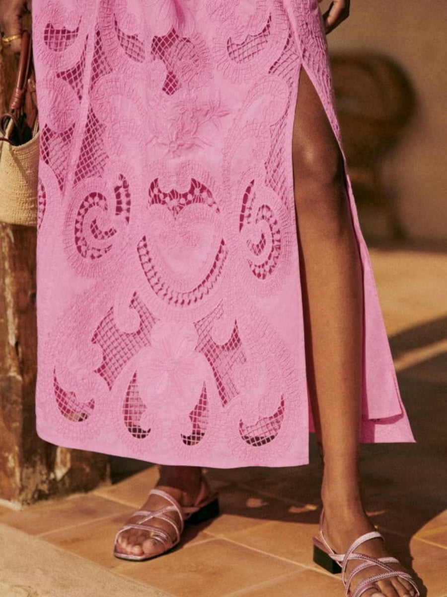 Pink Floral Cutout Sleeveless Top And A-line Skirt Two-piece Set