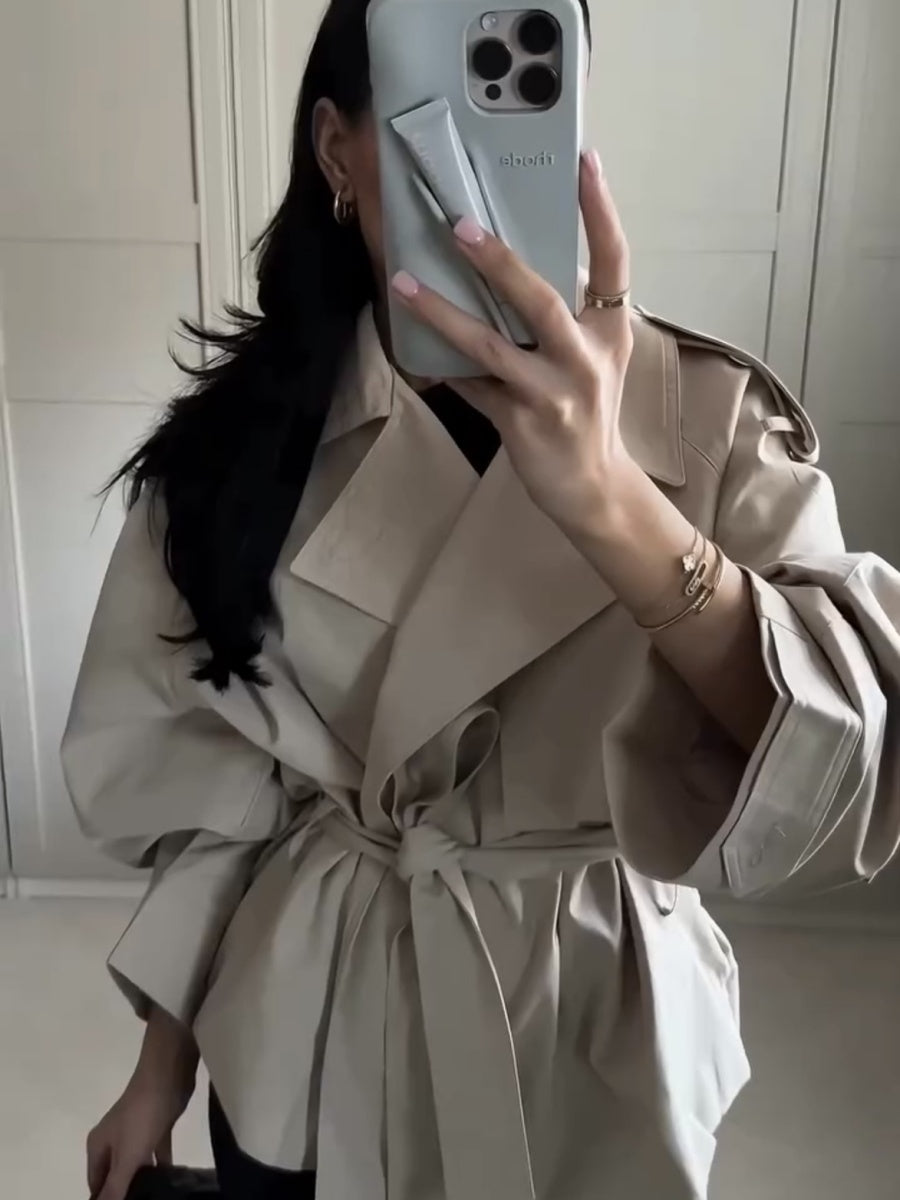 Light khaki Lace up Loose Short Trench Coats