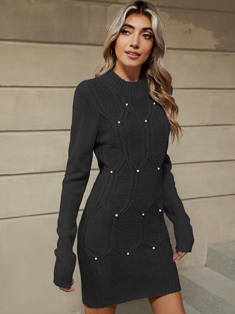 Knitting Crew Neck Jacquard Long Sleeve Mini&Short Dresses