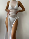 Solid Color Mesh Cover-up Bikini Three-piece Set