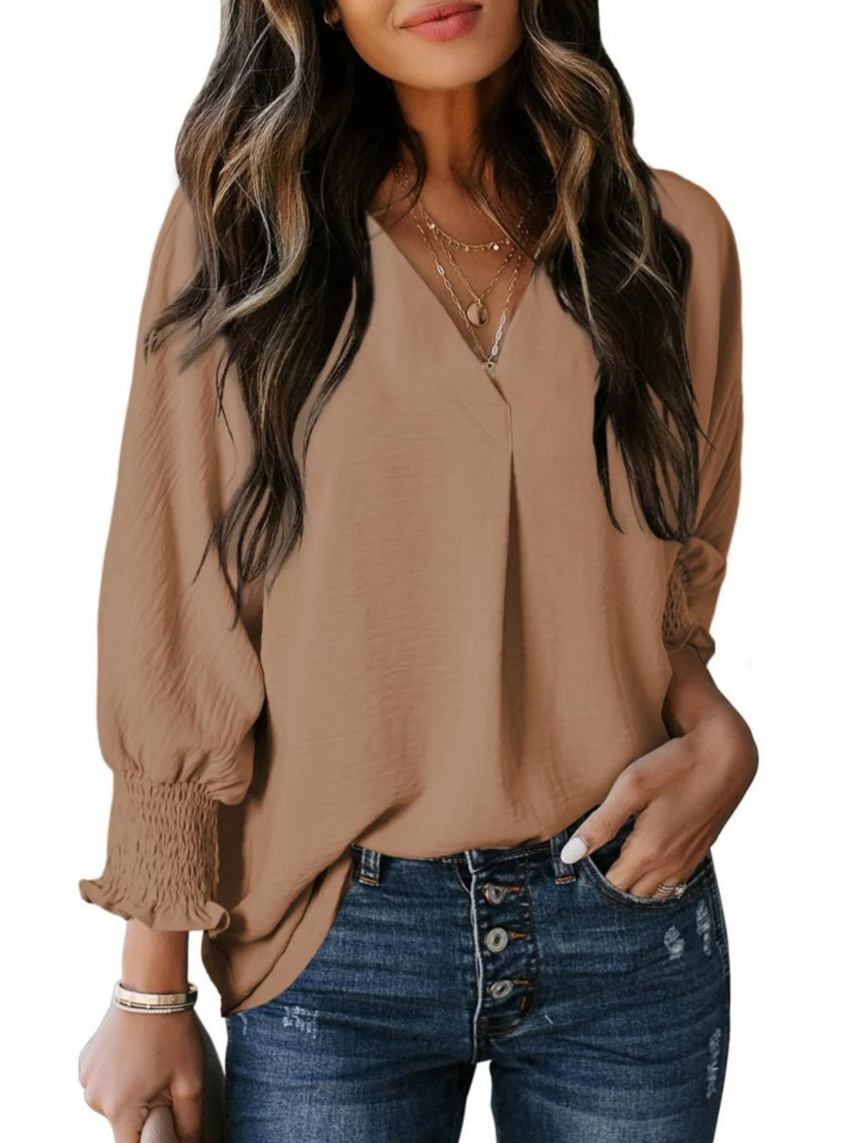 V-neck Long Sleeve Roll Up The Cuffs Shirt T-shirts