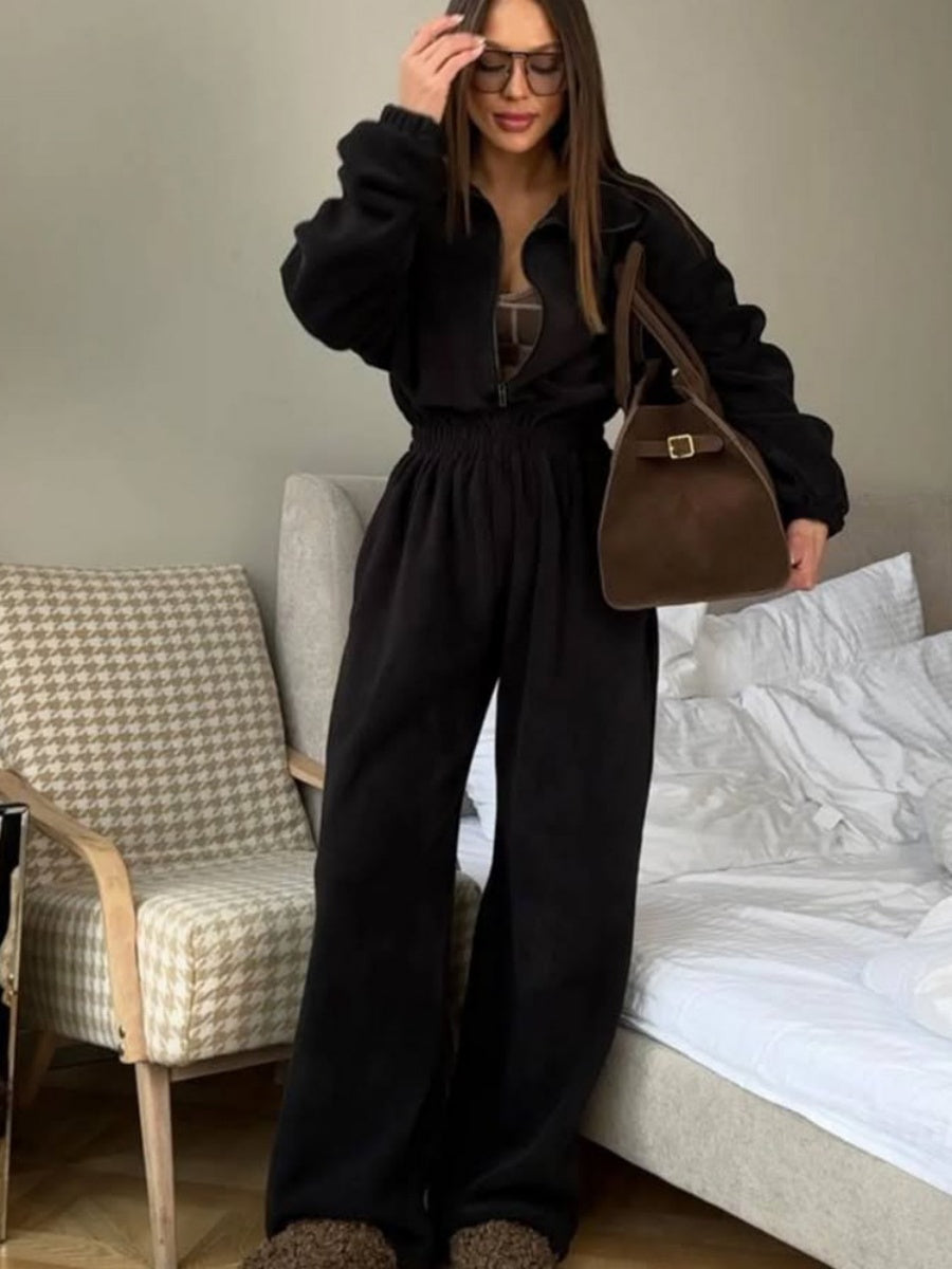 Liber Autumn women's one-piece suit solid color straight pants long-sleeved jumpsuit