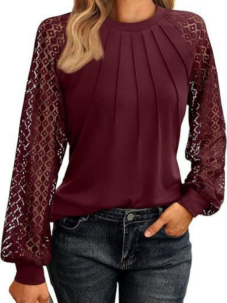 Lace Perspective Round Neck Long Sleeve T-shirts