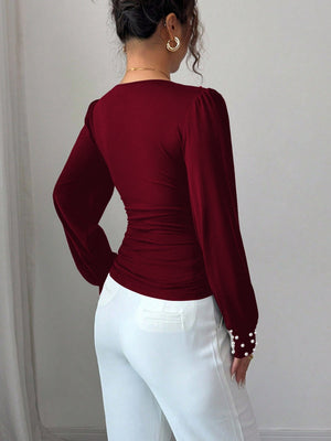 Deep V-neck Slim Fit Pearl Decoration Pleated Waist T-shirt