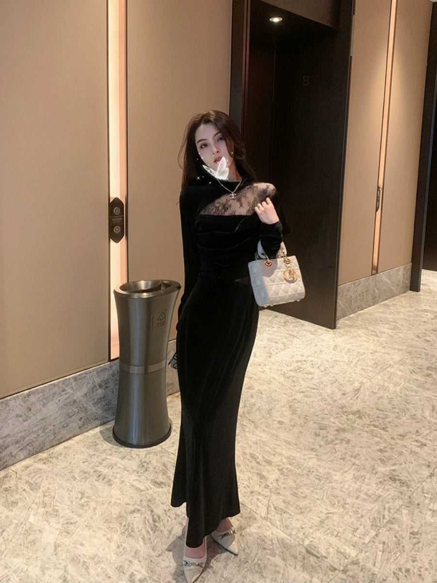 Velvet Dress, Women's Style, Rich Heiress Look, Lace Long-sleeved Black Dress