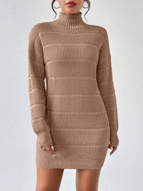 High Collar Long Sleeve Waist-cinching And Hip-hugging Knitted Sweaters Midi Dresses