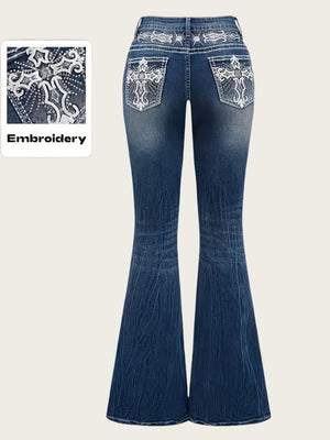 Women's Autumn/Winter Dark Washed Embroidered Rhinestone Flare Jeans