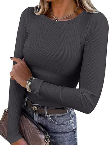 Pit Strip Long Sleeve Elastic Crew Neck Ribbed Slim Fit Basic T-shirts