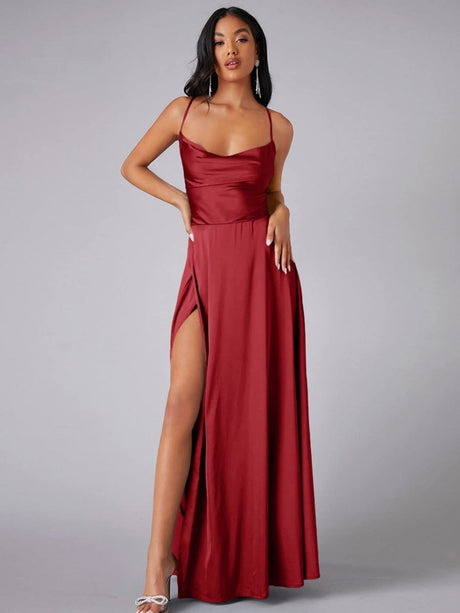 Backless Bandage Draped Collar Satin High Slit Bridesmaid Dresses Cocktail Party Maxi Dresses