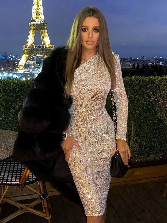 One Shoulder Bandeau Sequins Mini&Short Dresses