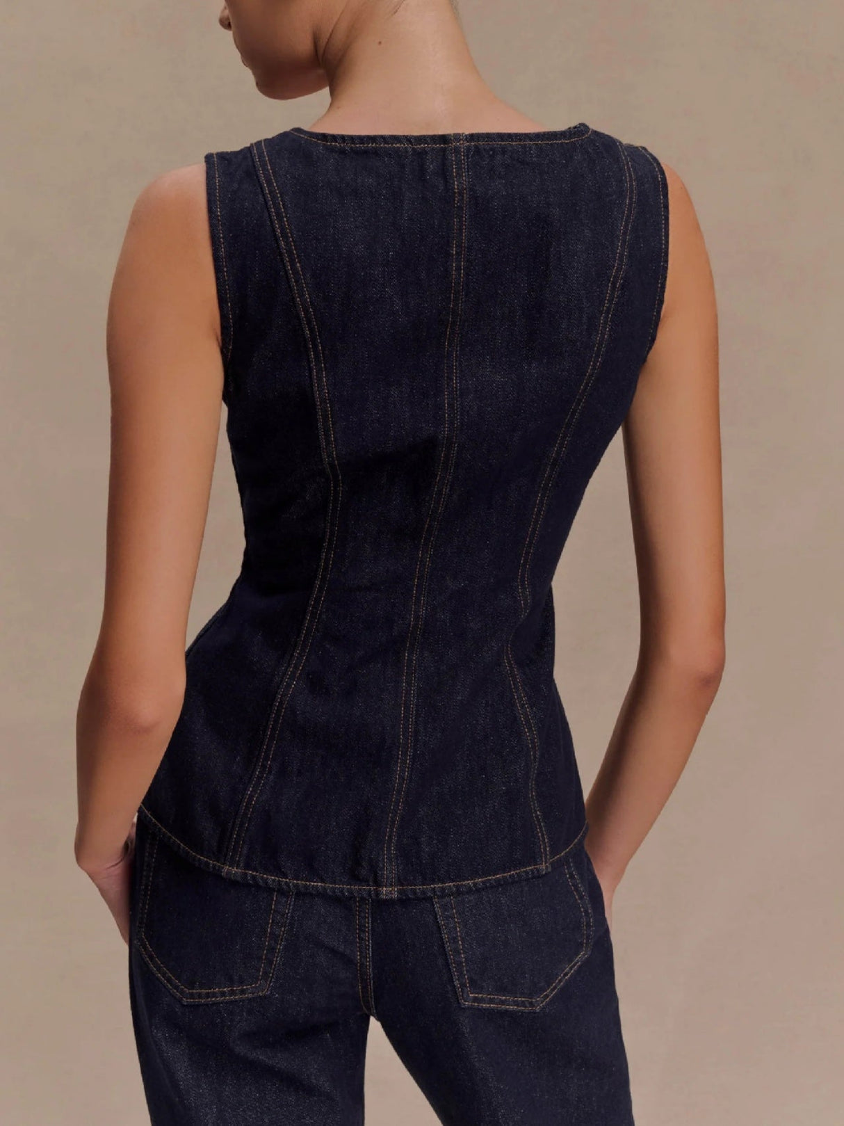 Sleeveless High-waisted Buttons Denim Vest And Trousers 2-piece Sets
