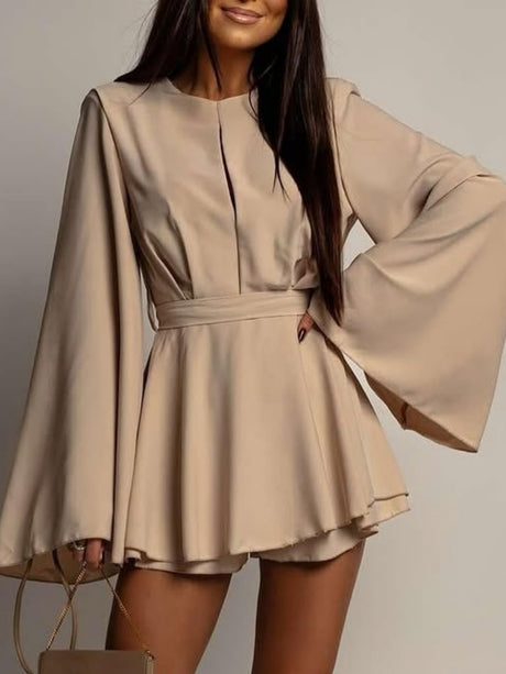 Backless  Flare Sleeve Waist Tie Mini&Short Dresses
