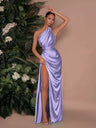 One-shoulder Satin Style Sexy Slit Dinner Party Long Dress