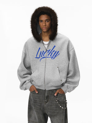 Hooded Embroidery Plush Collar Boxy Short Coat