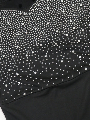Robe maxi brillante de soirée à manches longues en résille ornée de strass thermocollants, fendue et cintrée à la taille