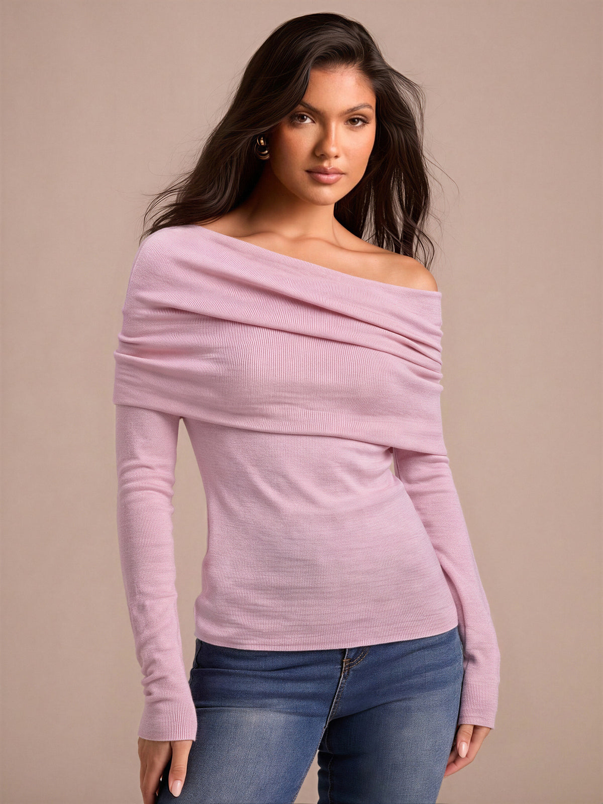 Wool Folded Off-shoulder Long-sleeved Sweater