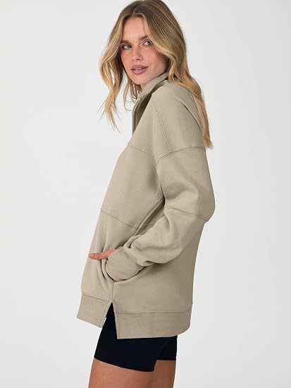 Women's Autumn/Winter Solid Color Half-Zip Long-Sleeve Side-Slit Sweatshirt