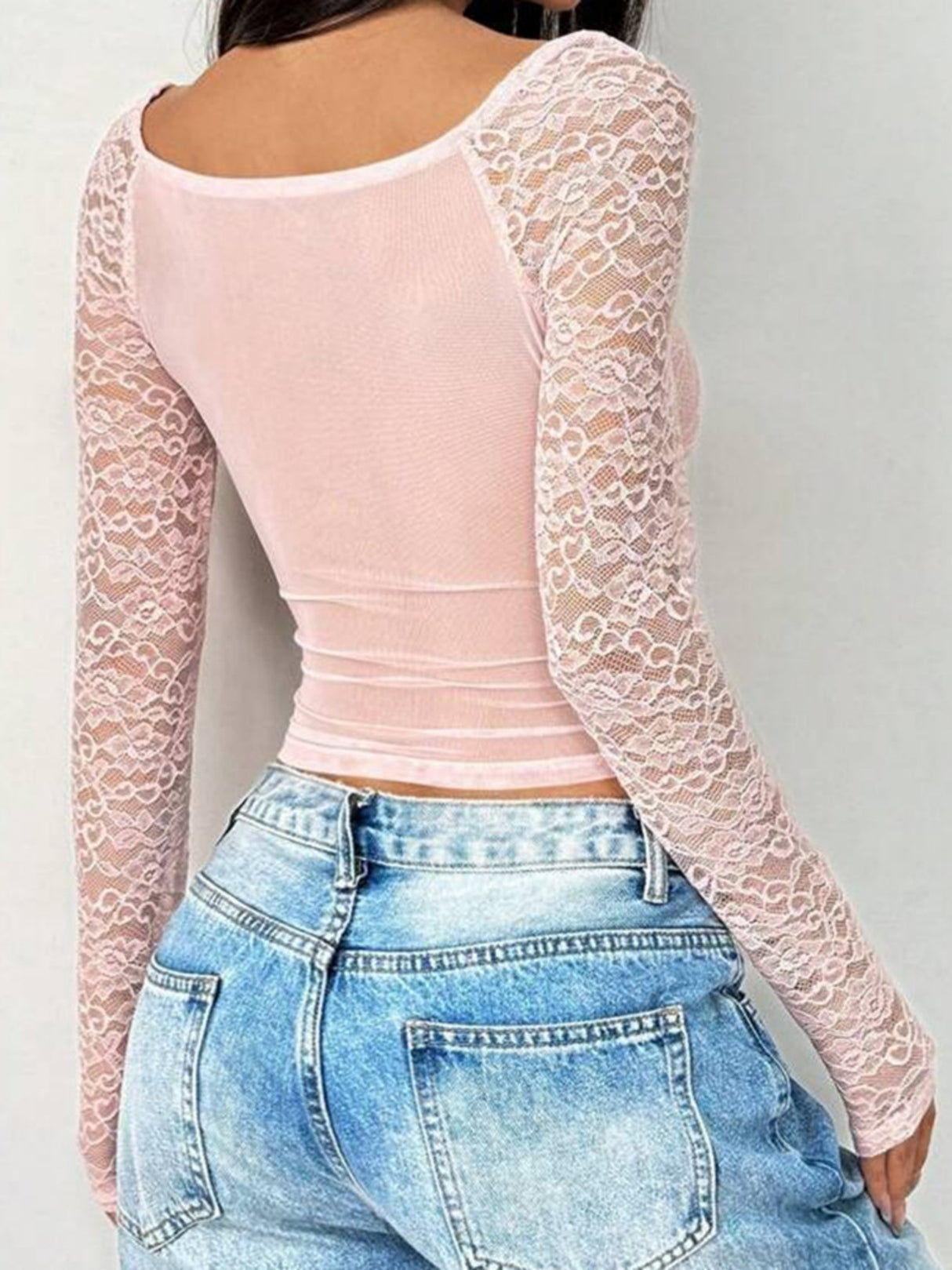 Lace See-through V-neck Sexy Spliced Long Sleeve Tops