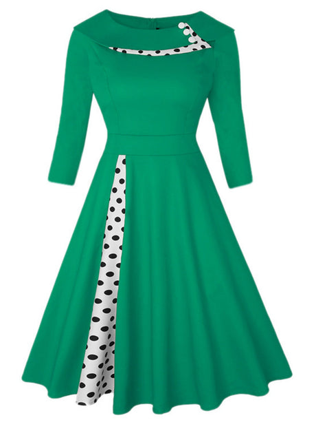 Christmas Polka Dots Splicing Retro Lapel Three-quarter Sleeves Midi Dresses