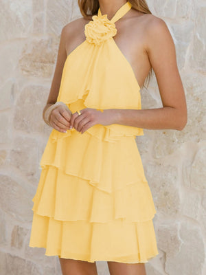 3D Flowers Halter Neck And Backless Layered Ruffles Sweet Mini&Short Dresses
