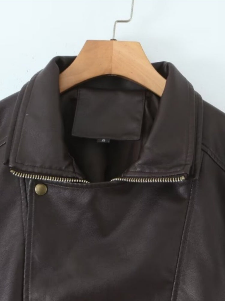 Retro PU Leather Jacket With Asymmetrical Lapel Design