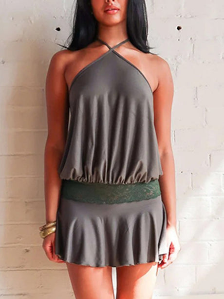 Lace Patchwork Halter Neck And Backless Mini&Short Dresses