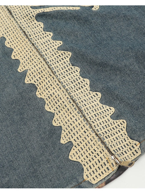Old Skeleton Denim Shirt Washing Embroidery Knitted Cardigan Jacket