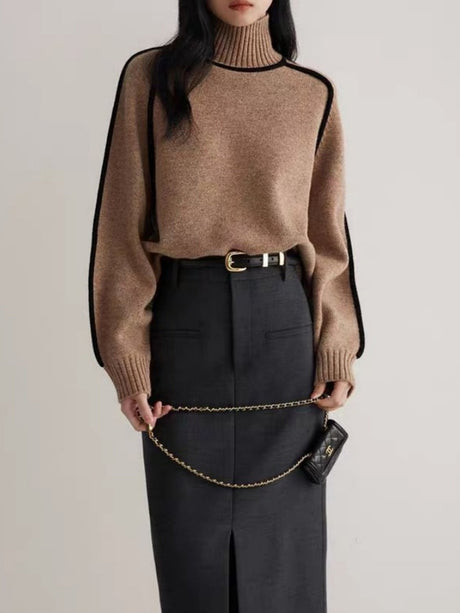 Color-blocked Stripes Splicing Half Turtleneck Sweaters