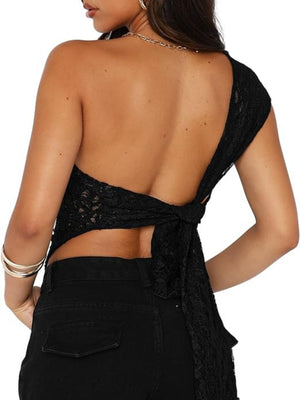 Lace See-through One-shoulder Backless Fine Mesh Sweet Tank Tops&Camis