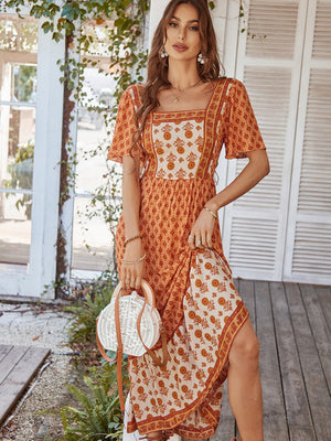 Printed Color-blocked Square Neck Short Sleeve Maxi Dresses