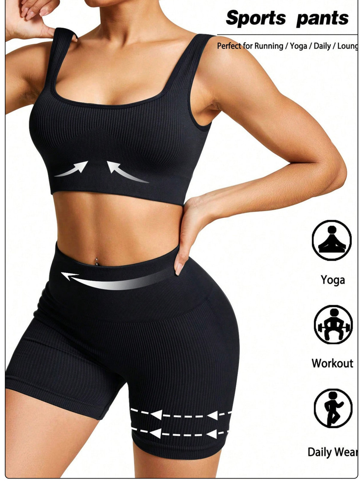 Piping Yoga Navel Exposed Suspender Shorts 2-piece Sets
