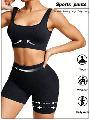 Piping Yoga Navel Exposed Suspender Shorts 2-piece Sets