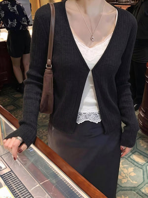 Wool V Single-button Short Knit Cardigan