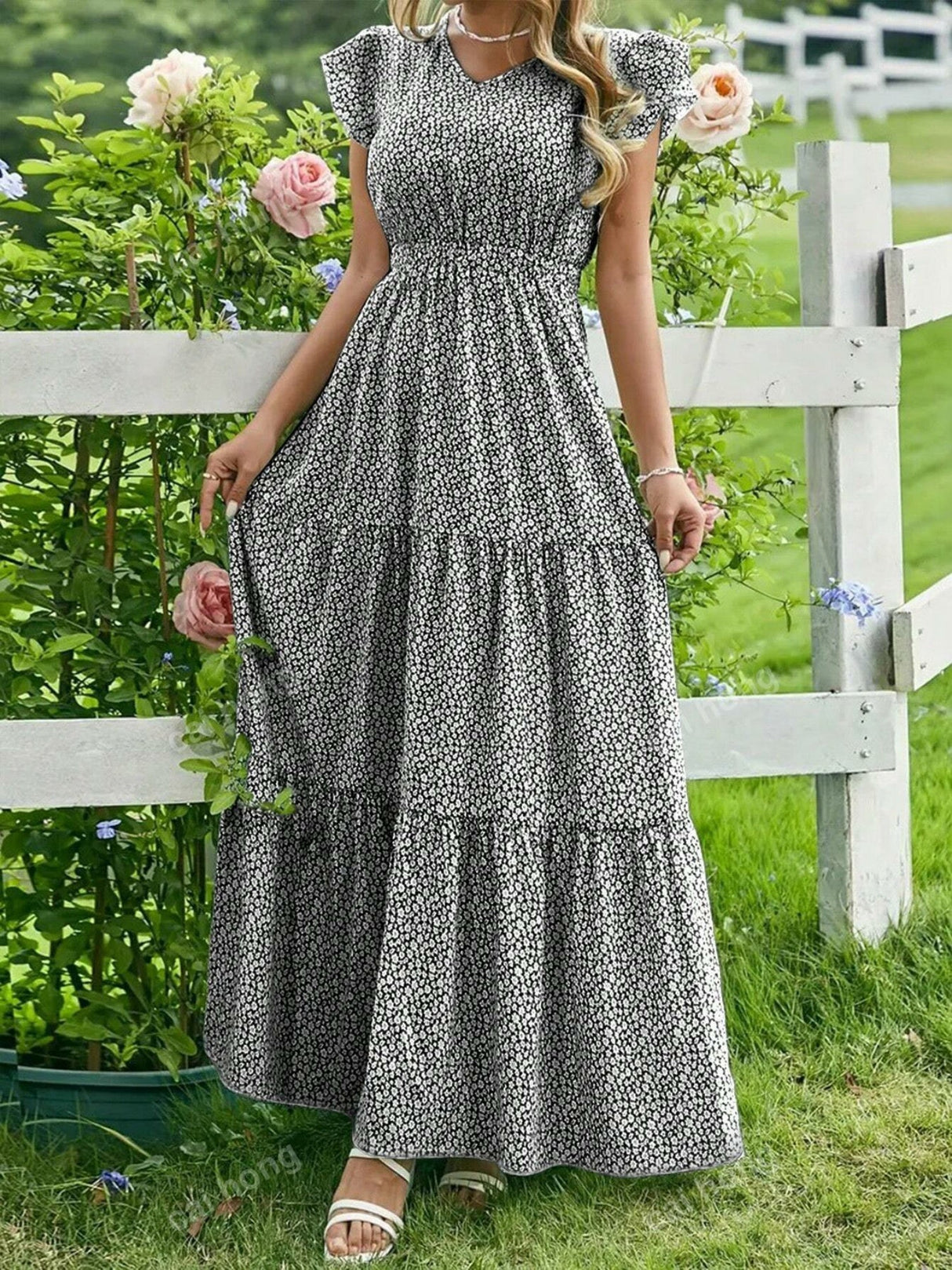 Floral Print V-neck Short Sleeve Maxi Dresses