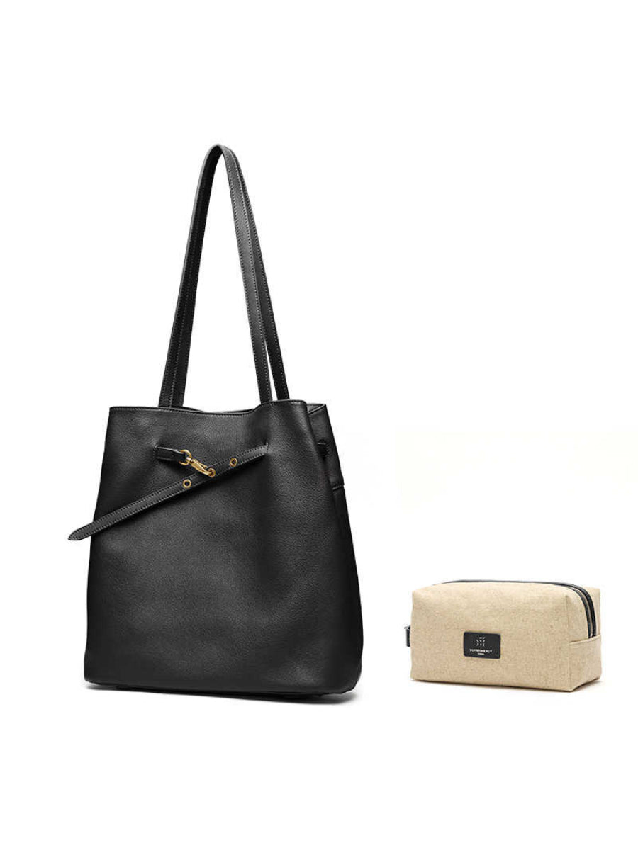Straight-on Small And Soft Bucket Bag, Large Size, Top-grain Cowhide, Shoulder Bag, Large Capacity Tote Bag For Women.