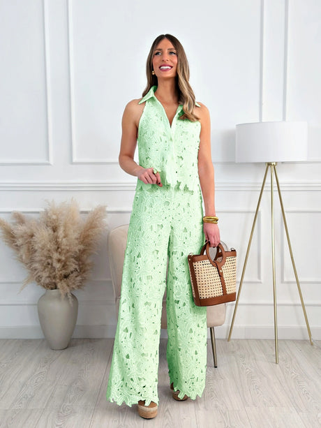 Heavy Embroidered Hollow V-neck Vest Top With Wide-leg Straight Trousers 2-piece Sets