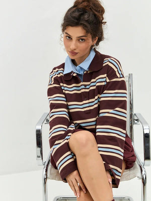 Long-sleeved Striped T-shirt, Polo Collar, Loose-fitting T-shirt