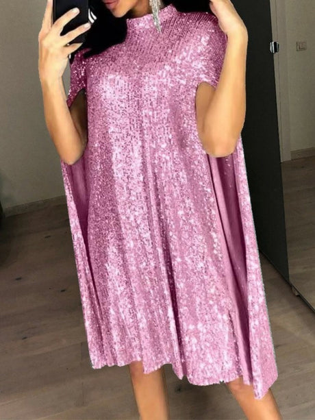 Small Stand-up Collar Sequins Loose Mini&Short Dresses