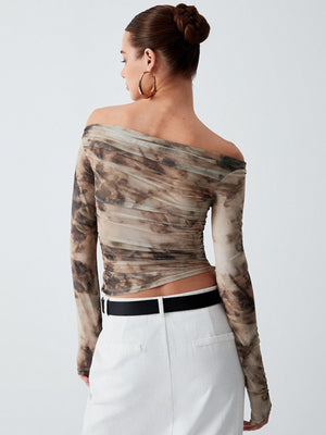 3D Printed Cropped Slim Fit T-Shirt, Retro Sexy Off-Shoulder Pleated Top