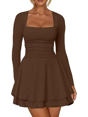 Mini- und Kurzkleider mit eckigem Ausschnitt, langen Ärmeln, Falten, einfarbig, figurbetont