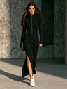 Half-zip Stand Collar Long-sleeved Ribbed Stretch Side Slit Slim-fit Long Dress