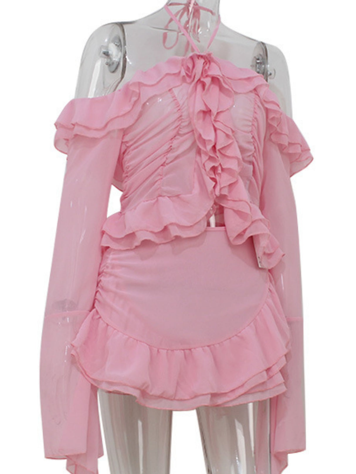 Ruffle Neck Strap Off-shoulder Long-sleeved Top And Skirt Sweet 2-piece Sets