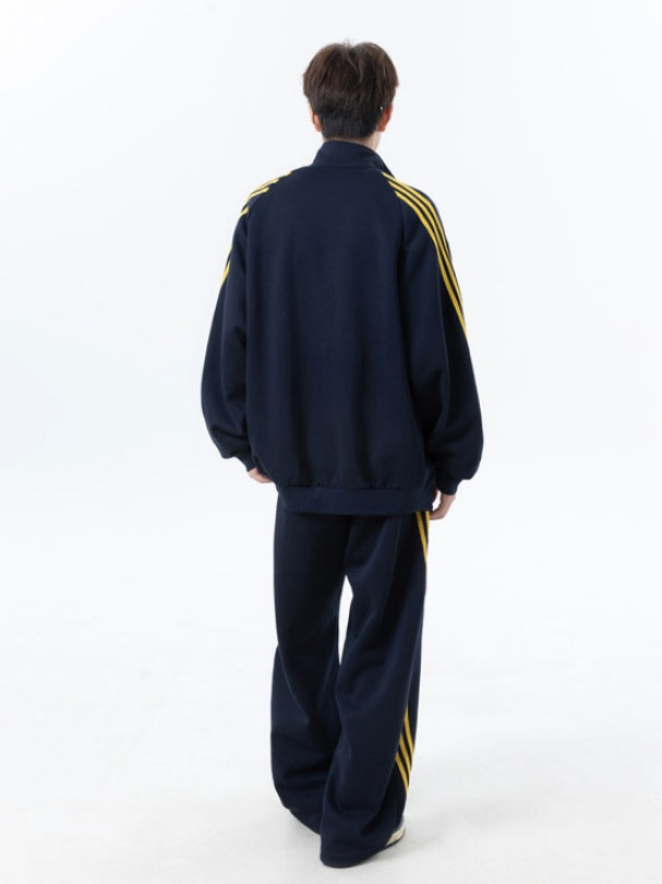 Color-blocked Stripes Straight-leg Trousers Sweatshirts Cardigan Set