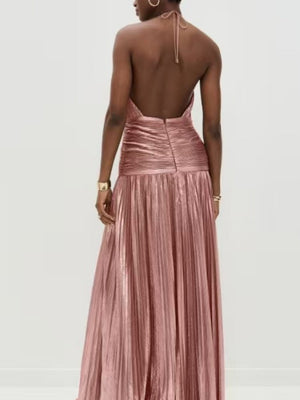 Metallic Halter Neck Style Crimp Slit Thin Strap Sleeveless Backless Cocktail Party Parties Formal Dress Long Dress