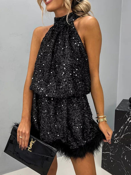 Sequins Feather Halter Lace Up Two-way Parties Mini&Short Dresses